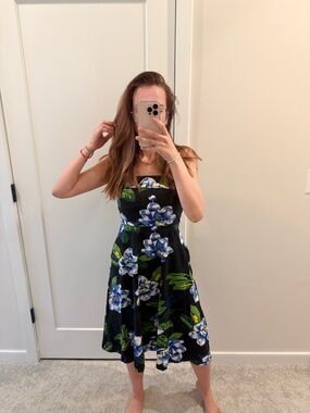 Banana Republic Strapless Black Floral Midi Dress with Blue & Green Print